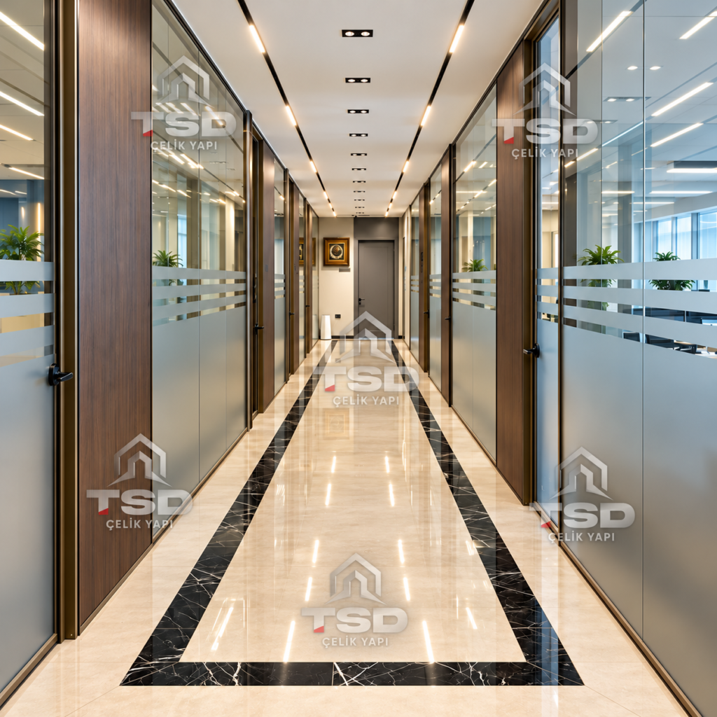 Modern çelik ofis ve idari bina iç mekânı