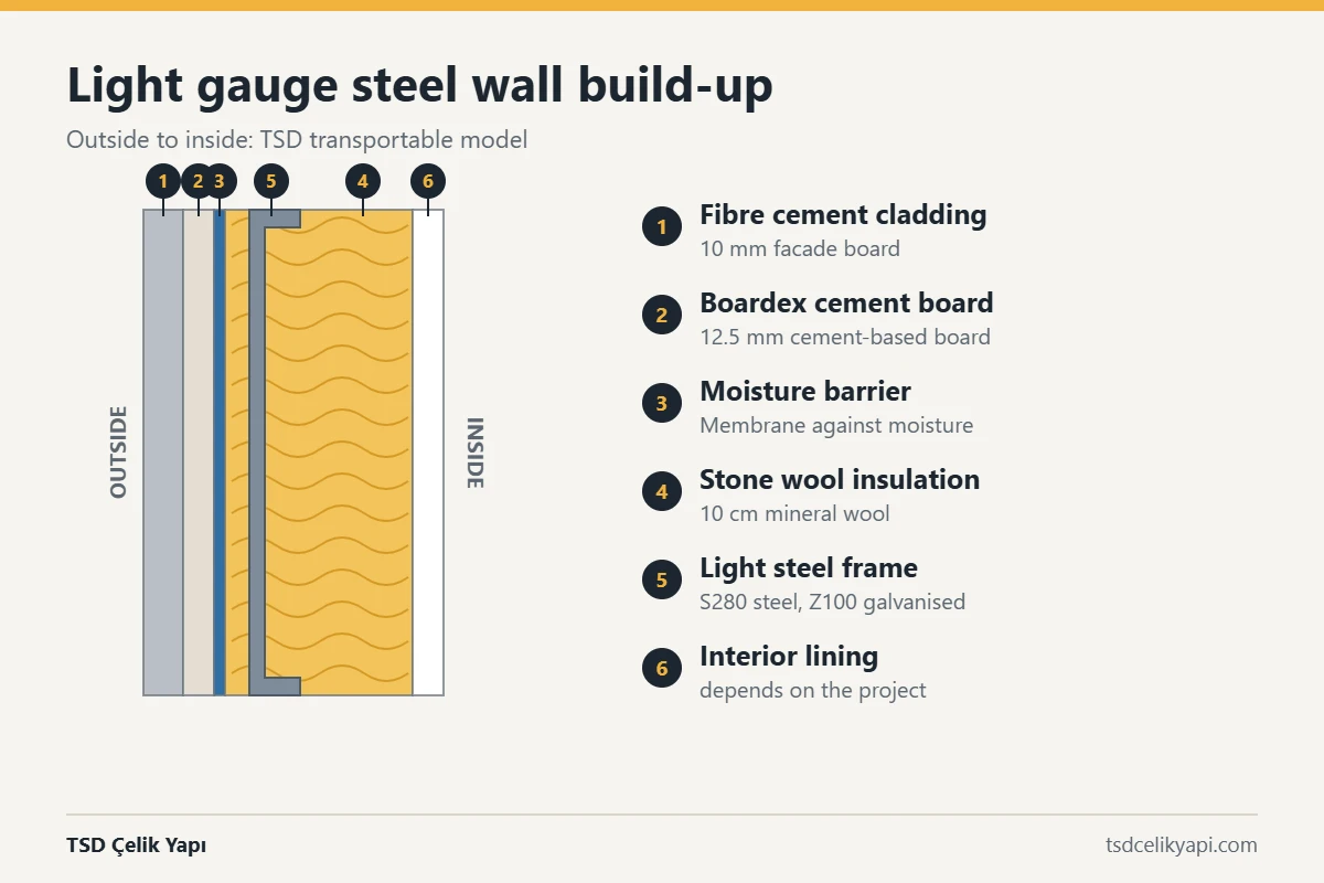 Cross-section of a light gauge steel wall from fibre cement cladding through Boardex and stone wool to the interior