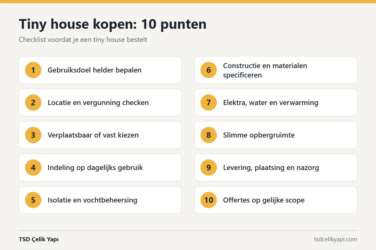 Infographic met 10 controlepunten bij het kopen van een tiny house, van locatie tot offerte